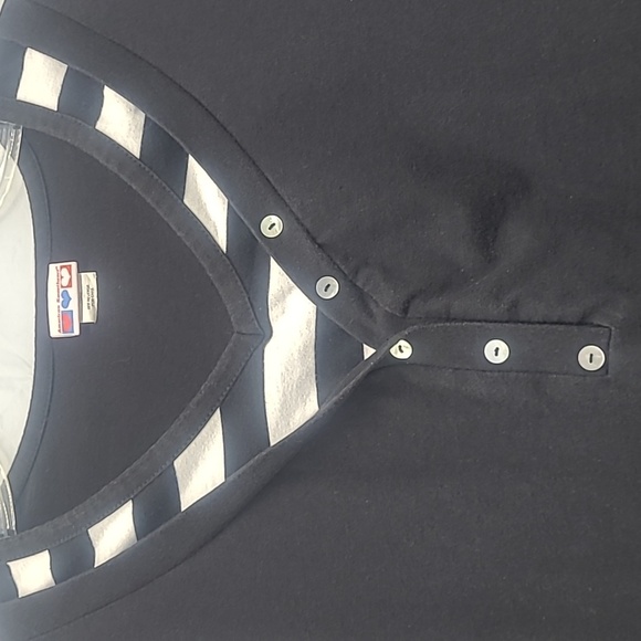 Short Sleeve T-shirt Black Qtr Button V Neck Striped Trim - Picture 2 of 8